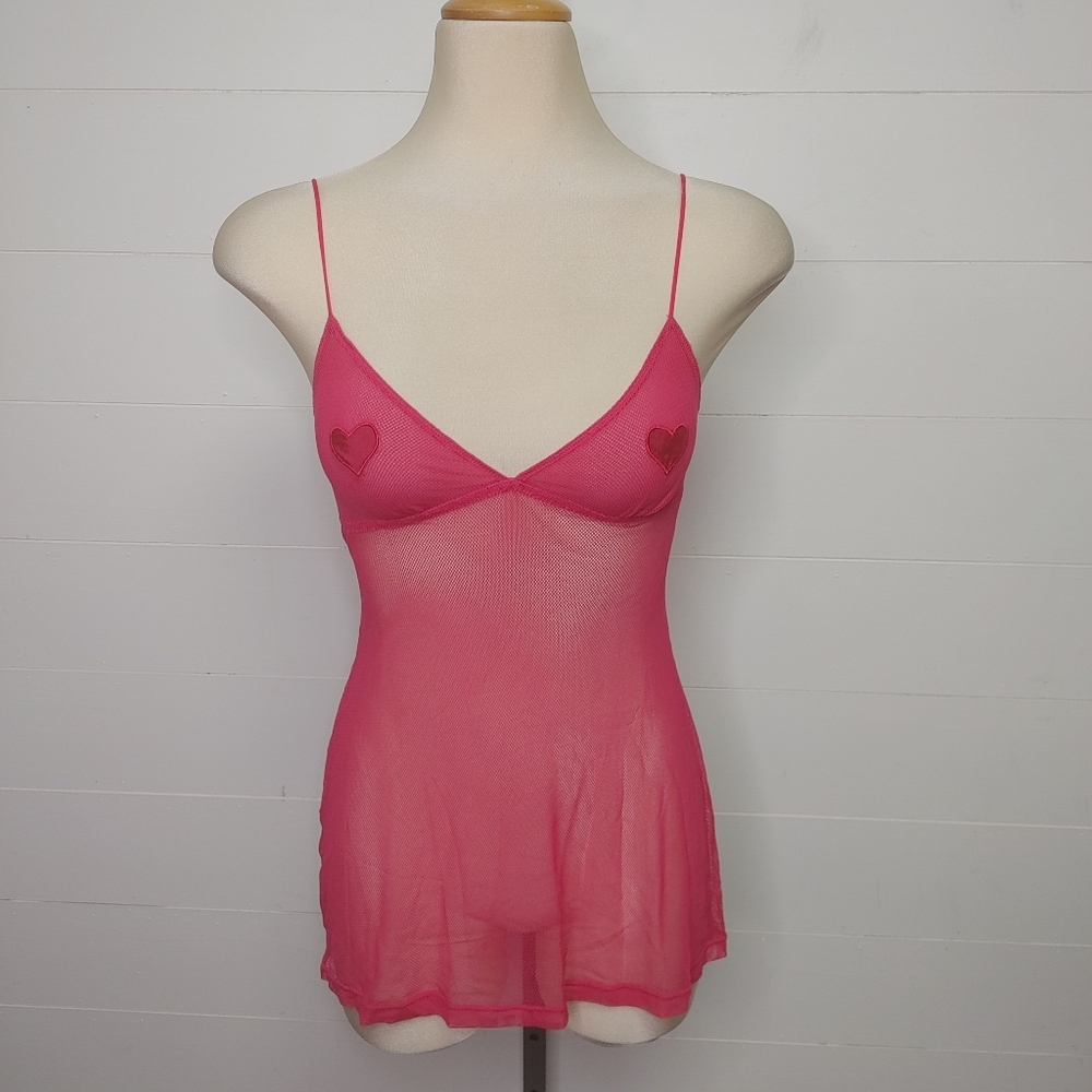 Vintage Silk & Satin Pink Mesh Heart Applique Chemise Size S